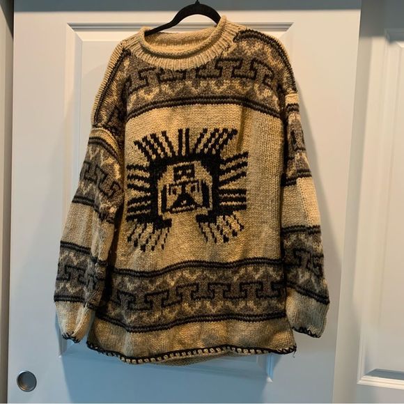 Vintage Hand Knit Ecuador Alpaca Wool Rolled High Neck Sun god Sweater Size xl - Picture 1 of 7